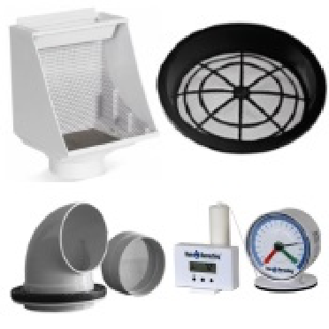 A collage of rainwater accessories including a rainhead, strainer basket, and tank monitor