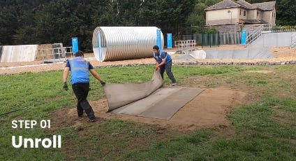 Workers unrolling an Instaslab foundation mat on a prepared outdoor site for temporary tank or equipment support. Workers unrolling an Instaslab foundation mat on a prepared outdoor site for temporary tank or equipment support.