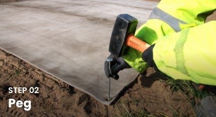 Worker securing the corner of an Instaslab foundation mat with a peg during Step 02 of installation. Worker securing the corner of an Instaslab foundation mat with a peg during Step 02 of installation.