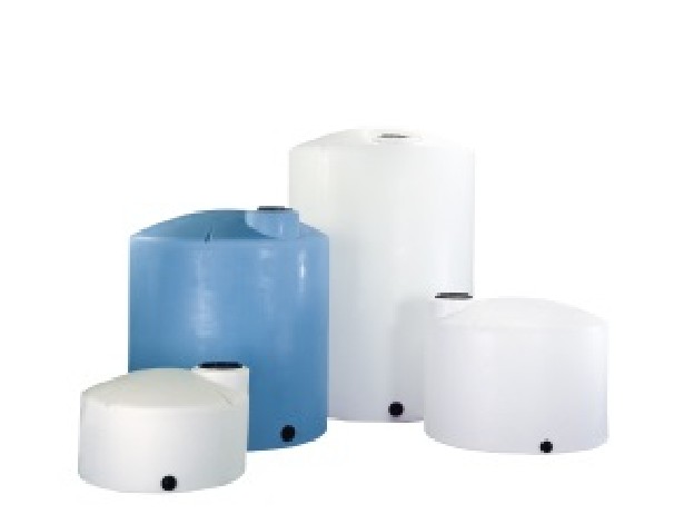 Three white and one blue polyethylene storage tanks on a white background.