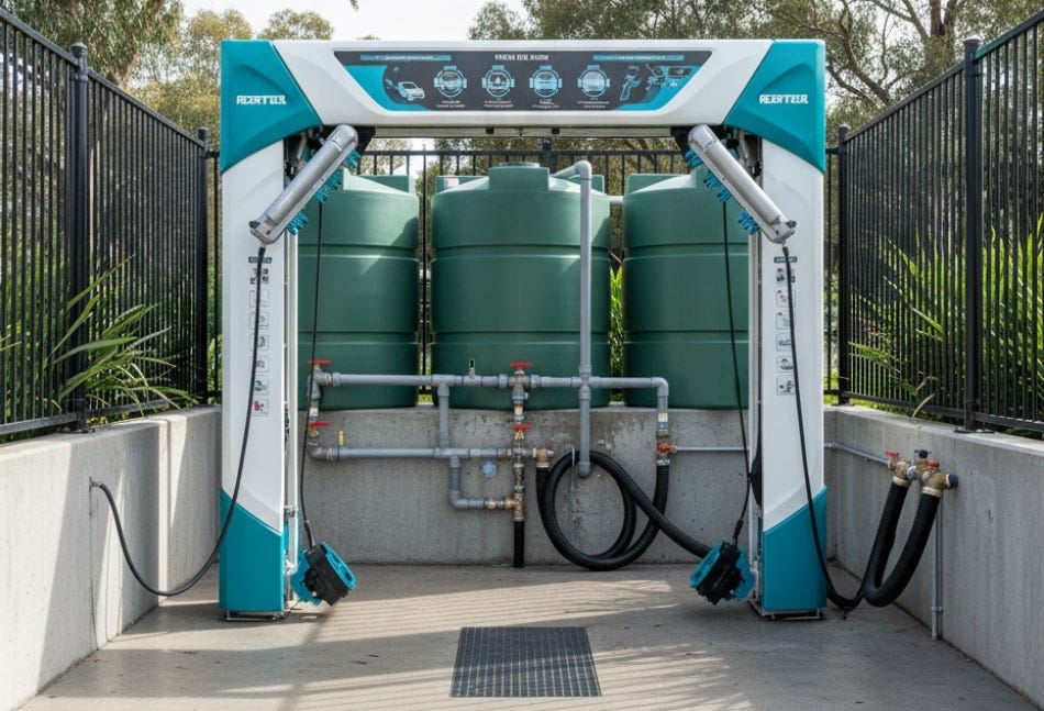 Reliable UV-stabilized vertical plastic water tanks interconnected for car wash use. Reliable UV-stabilized vertical plastic water tanks interconnected for car wash use.