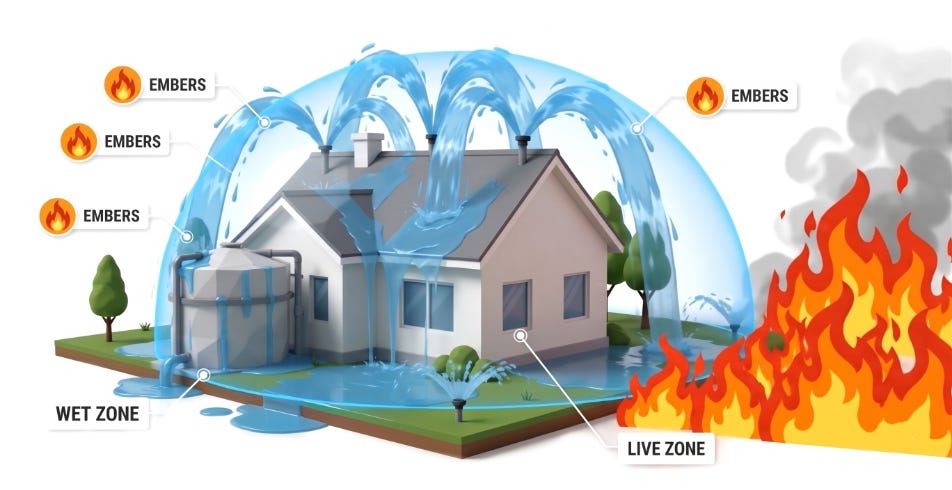 Infographic showing a residential fire defense sprinkler system spraying water over a home and water tank to create a wet zone as wildfire embers and flames approach. Infographic showing a residential fire defense sprinkler system spraying water over a home and water tank to create a wet zone as wildfire embers and flames approach.