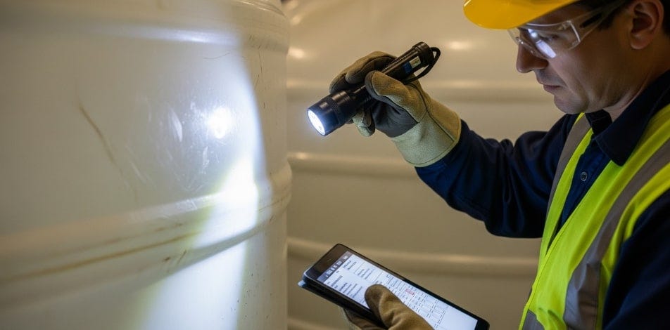 Checking tanks for cracks and signs of wear during a regular tank inspection program. Checking tanks for cracks and signs of wear during a regular tank inspection program.