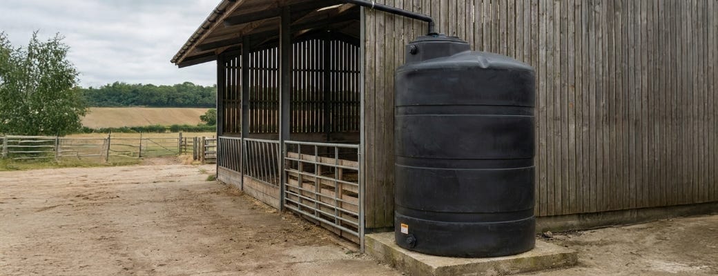 Black vertical farm water storage tank connected to a barn gutter system beside a wooden livestock shelter. Black vertical farm water storage tank connected to a barn gutter system beside a wooden livestock shelter.