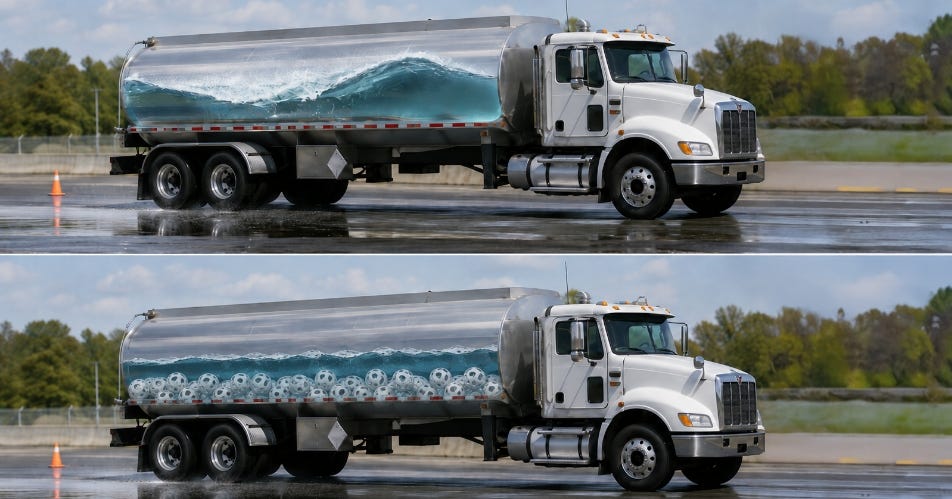 Illustration showing two how liquid moves inside a truck with surge control versus one without baffle balls. Illustration showing two how liquid moves inside a truck with surge control versus one without baffle balls.