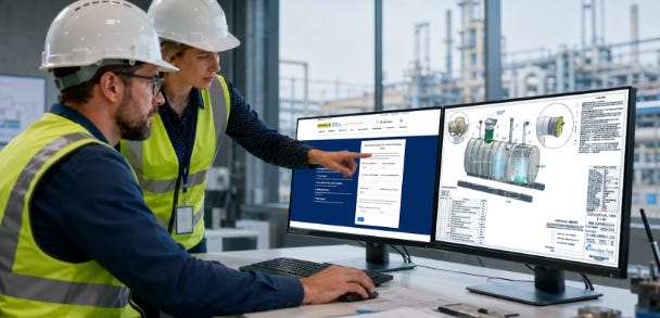 Engineers reviewing fiberglass tank capacity calculations and technical drawings on computer monitors in an industrial facility. Engineers reviewing fiberglass tank capacity calculations and technical drawings on computer monitors in an industrial facility.