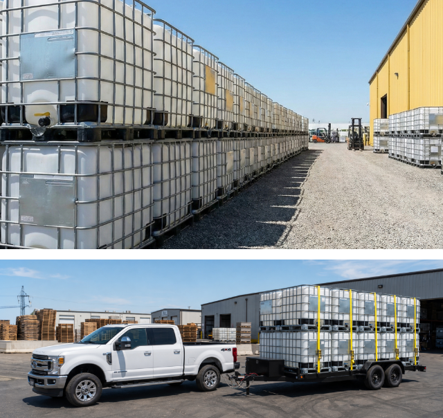 Stacked caged IBC totes stored in an outdoor yard and transported on a trailer behind a pickup truck. Stacked caged IBC totes stored in an outdoor yard and transported on a trailer behind a pickup truck.