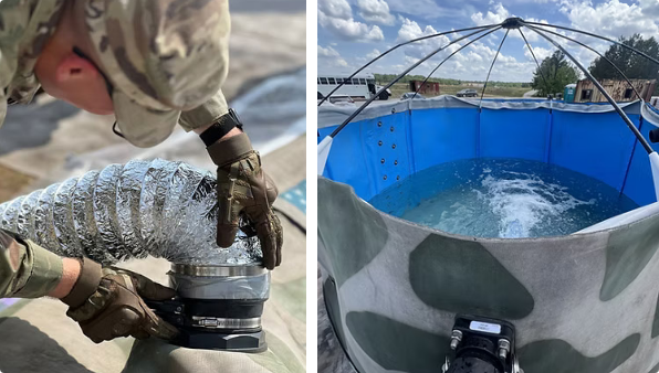 Split image showing an Omni Tank air duct connection being secured and the inside of a filled deployable concrete water tank during operation. Split image showing an Omni Tank air duct connection being secured and the inside of a filled deployable concrete water tank during operation.