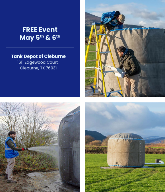 Free Tank Depot event May 5–6 in Cleburne, TX, showing installation and testing of a flexible concrete tank. Free Tank Depot event May 5–6 in Cleburne, TX, showing installation and testing of a flexible concrete tank.