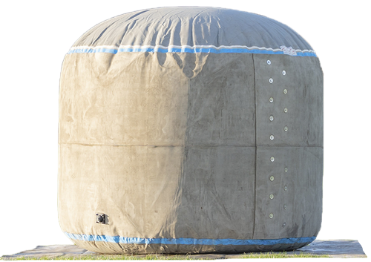 Inflatable concrete Omni Tank shown fully deployed with a rounded top, reinforced seams, and gray fabric exterior. Inflatable concrete Omni Tank shown fully deployed with a rounded top, reinforced seams, and gray fabric exterior.