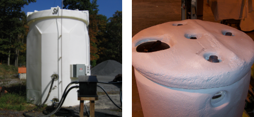 Split image showing a white industrial storage tank with control equipment outdoors and a close-up of a foam-insulated tank top with multiple access openings. Split image showing a white industrial storage tank with control equipment outdoors and a close-up of a foam-insulated tank top with multiple access openings.