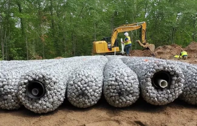 Close-up of EZflow drainfield bundles with perforated pipes, installed on a jobsite while workers and an excavator prepare the area. Close-up of EZflow drainfield bundles with perforated pipes, installed on a jobsite while workers and an excavator prepare the area.