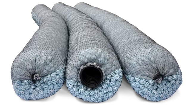 Three EZflow drainfield bundles with lightweight aggregate and a perforated pipe wrapped in geosynthetic mesh. Three EZflow drainfield bundles with lightweight aggregate and a perforated pipe wrapped in geosynthetic mesh.