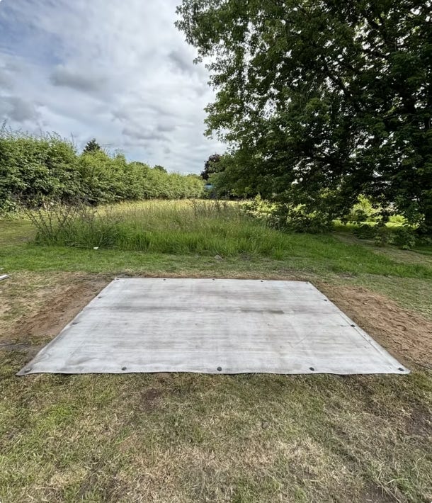 Instaslab foundation mat installed on a prepared grassy area for temporary tank or equipment support. Instaslab foundation mat installed on a prepared grassy area for temporary tank or equipment support.