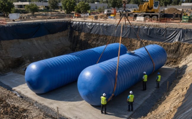 Two large blue underground fiberglass storage tanks being installed in an excavated construction pit with workers and crane equipment nearby. Two large blue underground fiberglass storage tanks being installed in an excavated construction pit with workers and crane equipment nearby.