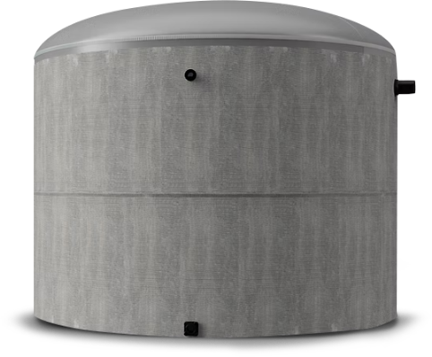 Gray cylindrical inflatable concrete tank with a domed top and side fittings shown on a transparent background. Gray cylindrical inflatable concrete tank with a domed top and side fittings shown on a transparent background.