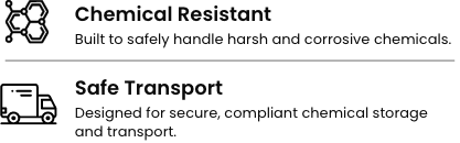Dark benefit graphic highlighting chemical-resistant IBC totes for safe transport, storage, and handling of harsh or corrosive chemicals. Dark benefit graphic highlighting chemical-resistant IBC totes for safe transport, storage, and handling of harsh or corrosive chemicals.