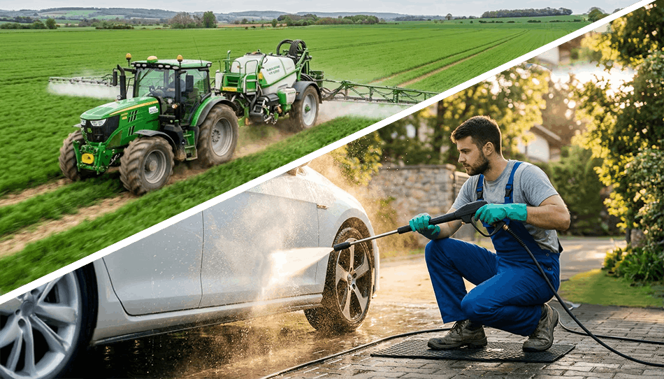 Water tank applications in agriculture and pressure washing industries with tractor spraying crops and technician cleaning a vehicle. Water tank applications in agriculture and pressure washing industries with tractor spraying crops and technician cleaning a vehicle.