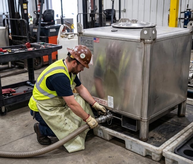Stainless steel chemical IBC LiquiTote containers in a processing facility while a technician operates a control panel near large stainless tanks. Stainless steel chemical IBC LiquiTote containers in a processing facility while a technician operates a control panel near large stainless tanks.