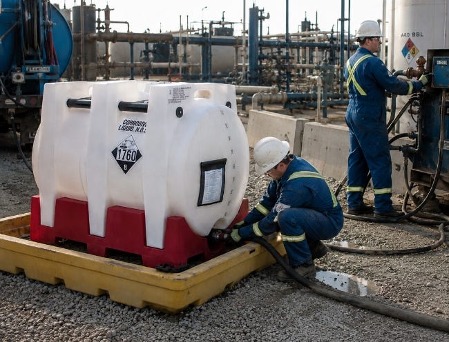 Workers transferring corrosive liquid from a white chemical IBC megatainer at an industrial facility with piping and bulk storage tanks in the background. Workers transferring corrosive liquid from a white chemical IBC megatainer at an industrial facility with piping and bulk storage tanks in the background.