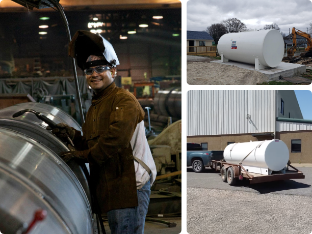 Collage showing a welder working on a steel tank and white horizontal fuel storage tanks installed and transported at industrial jobsites. Collage showing a welder working on a steel tank and white horizontal fuel storage tanks installed and transported at industrial jobsites.