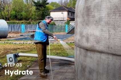 Worker spraying water onto a concrete Omni Tank during Step 03: Hydrate of the installation process. Worker spraying water onto a concrete Omni Tank during Step 03: Hydrate of the installation process.