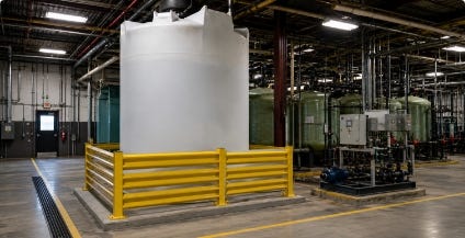 White vertical brine storage tank installed indoors with yellow safety railing and pumping equipment at an industrial facility. White vertical brine storage tank installed indoors with yellow safety railing and pumping equipment at an industrial facility.